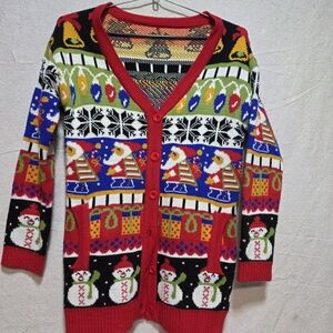 Festive Christmas Sweater with Santa and Snowman Design